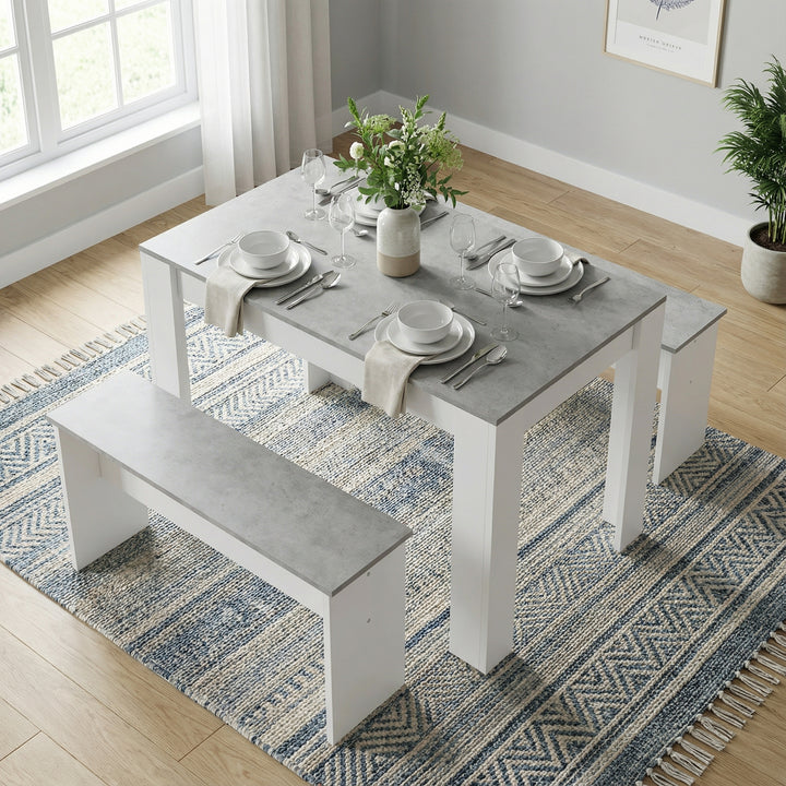 White & grey marble look dining table set with 2 benches NODFACTOR