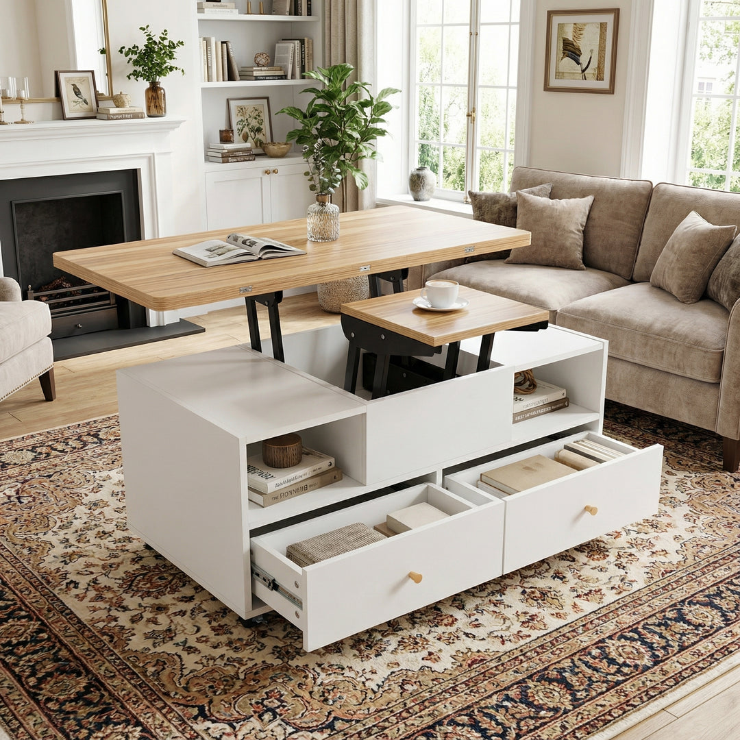 White dual lift-top coffee table 4 drawers with wheels PHOSPHOLIP