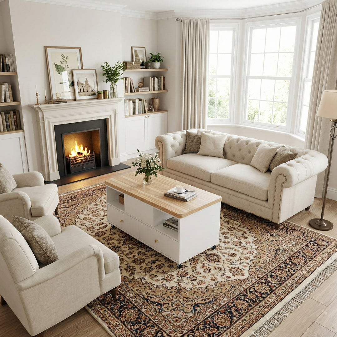 White dual lift-top coffee table 4 drawers with wheels PHOSPHOLIP