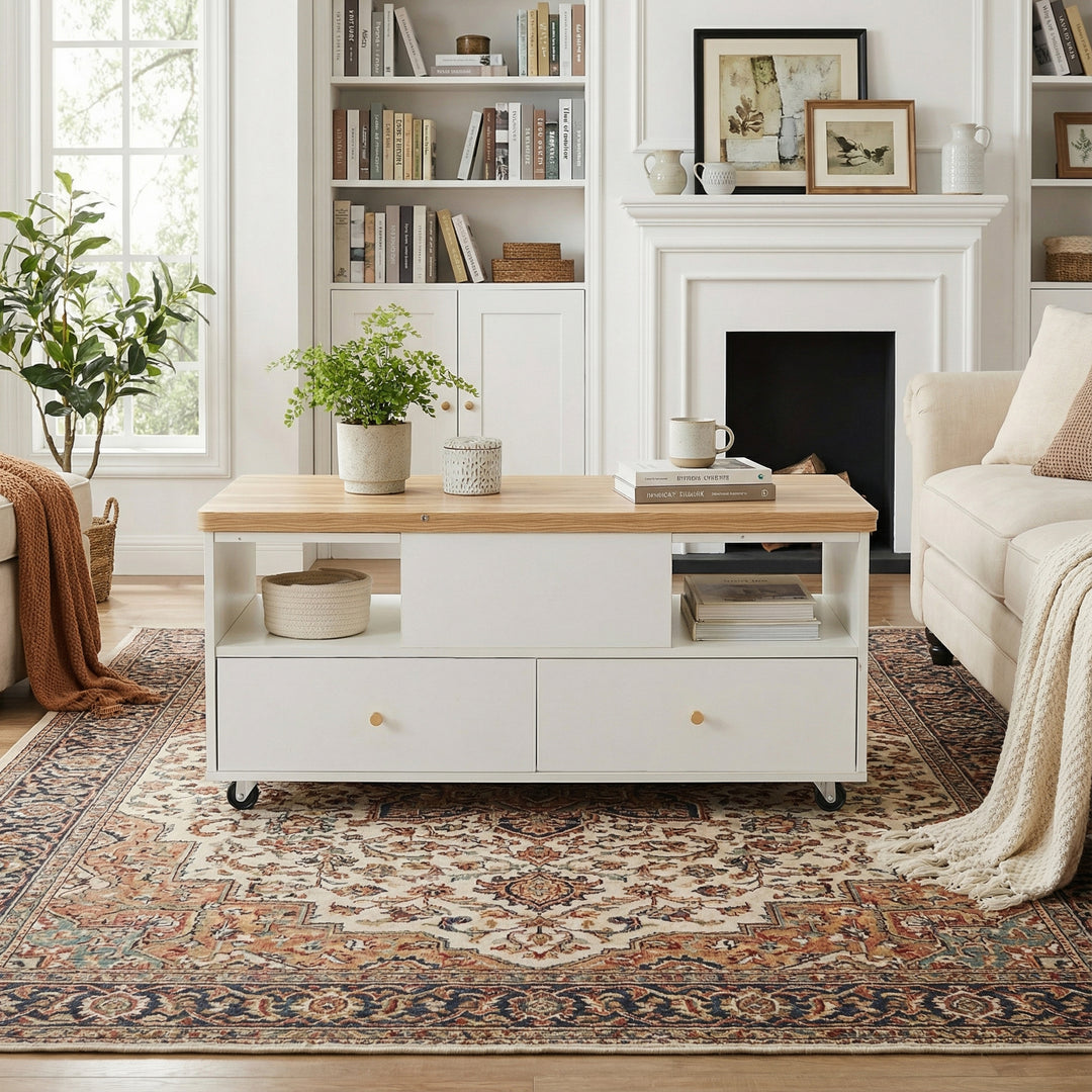 White dual lift-top coffee table 4 drawers with wheels PHOSPHOLIP