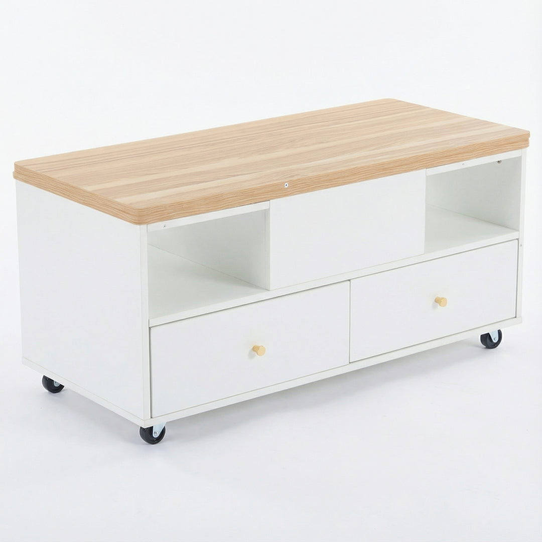 White dual lift-top coffee table 4 drawers with wheels PHOSPHOLIP