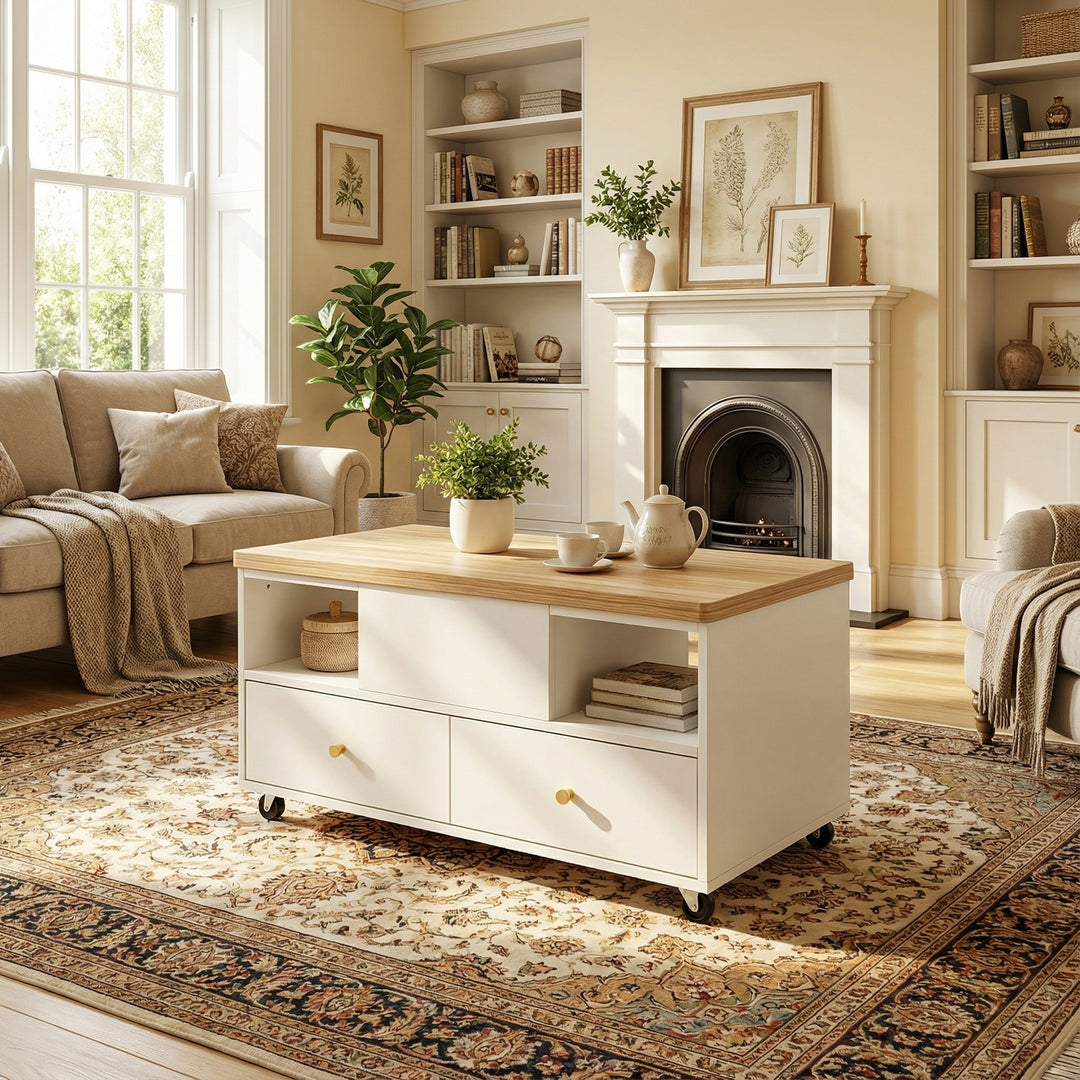 White dual lift-top coffee table 4 drawers with wheels PHOSPHOLIP