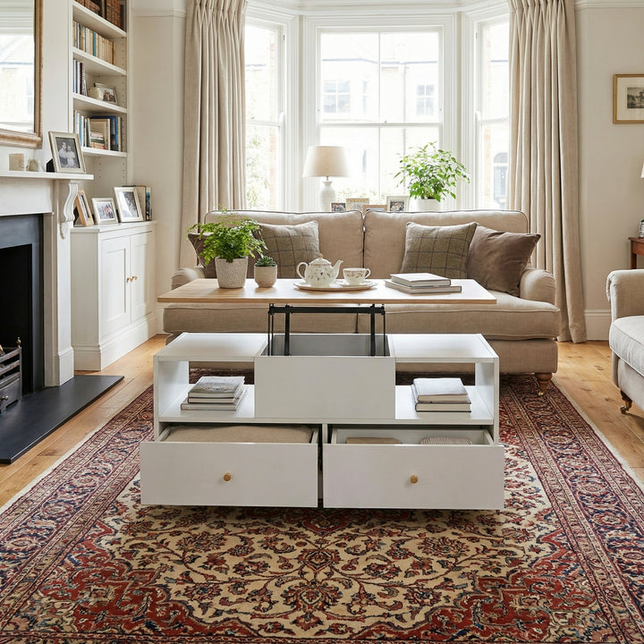 White dual lift-top coffee table 4 drawers with wheels PHOSPHOLIP