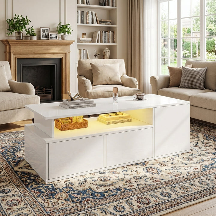 White high-gloss coffee table with LED lighting & 2 drawers SEEDCOAT