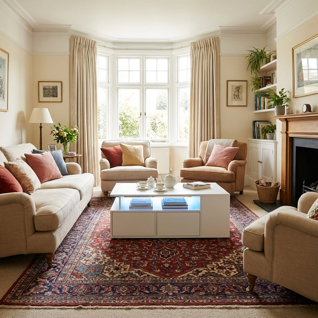 White high-gloss coffee table with LED lighting & 2 drawers SEEDCOAT