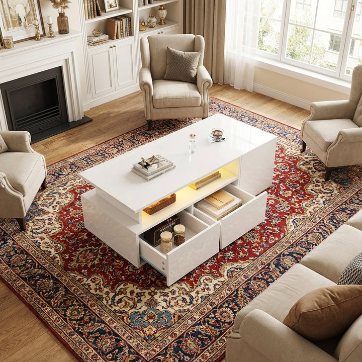 White high-gloss coffee table with LED lighting & 2 drawers SEEDCOAT