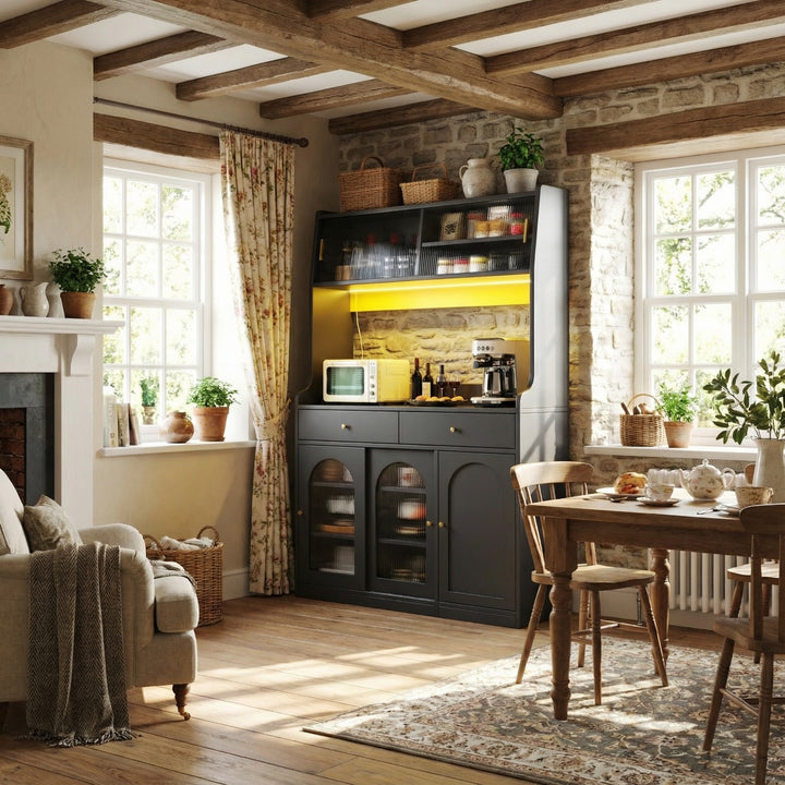 Black high kitchen hutches with glass display and LED lighting BATHOLITH