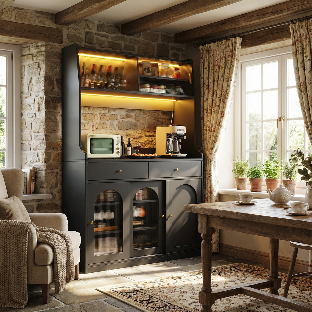 Black high kitchen hutches with glass display and LED lighting BATHOLITH