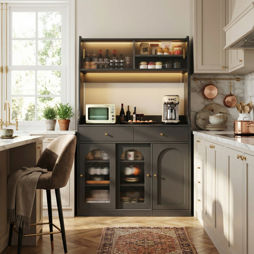 Black high kitchen hutches with glass display and LED lighting BATHOLITH