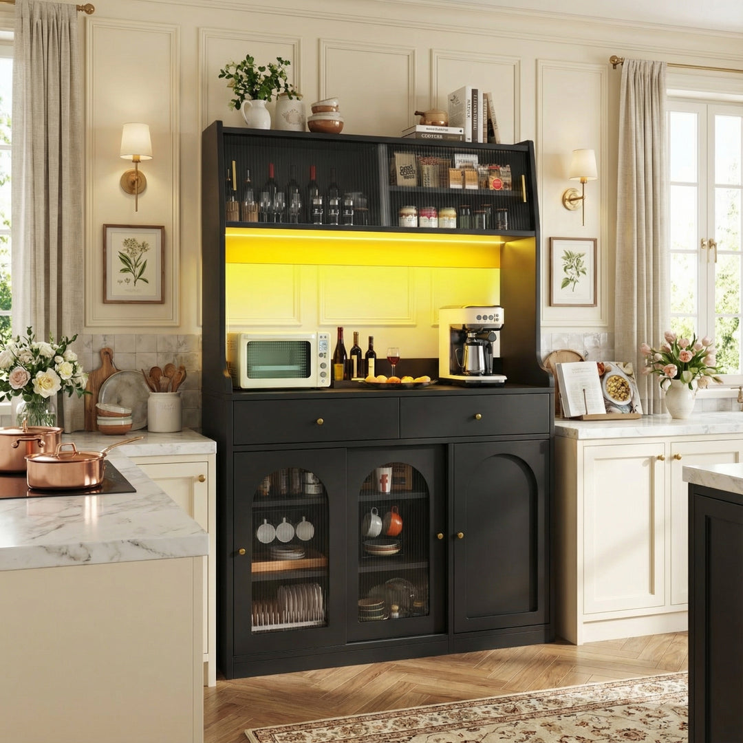 Black high kitchen hutches with glass display and LED lighting BATHOLITH