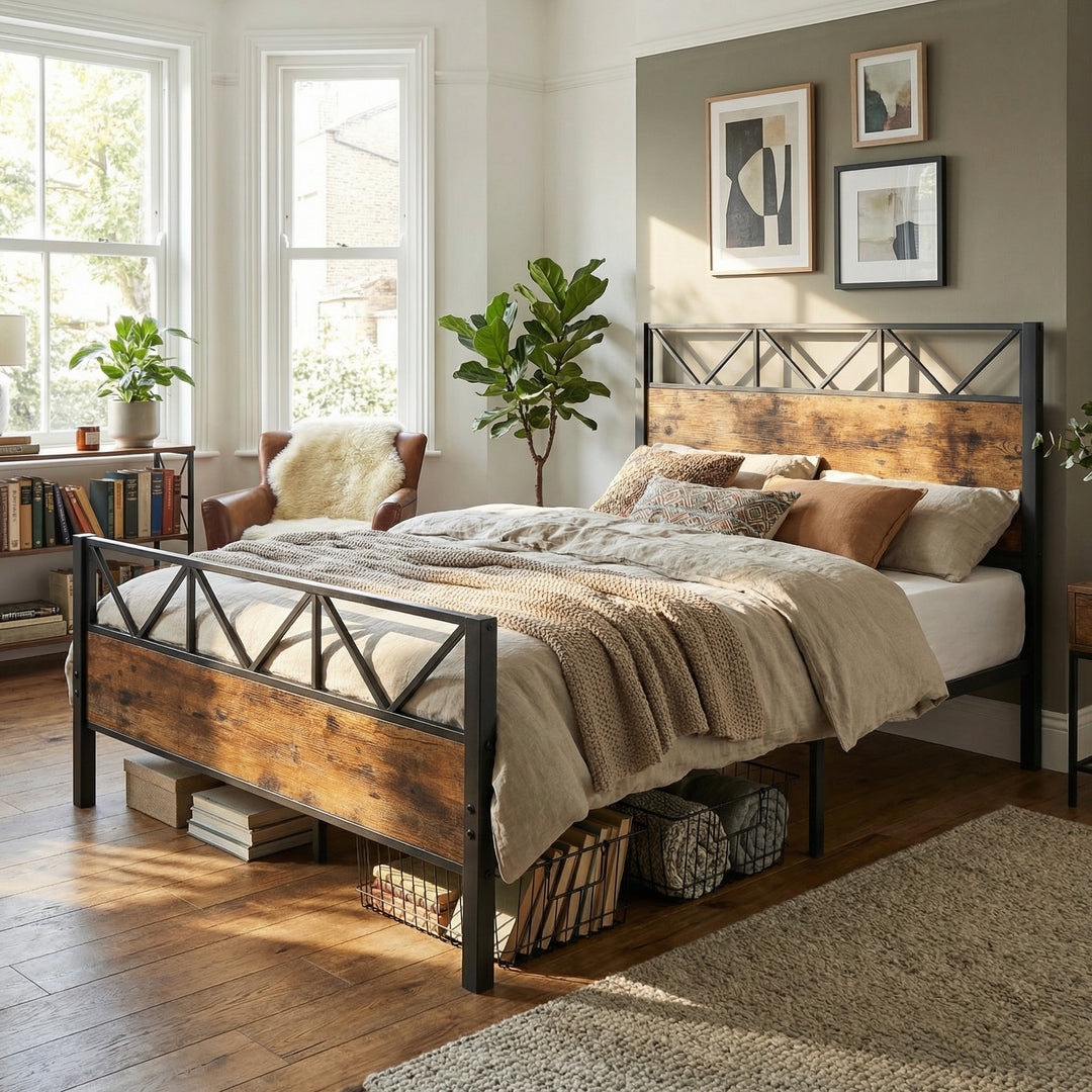 Industrial style double bed frame black wood with 2 storage drawers 135x190cm ELEMENTALIS