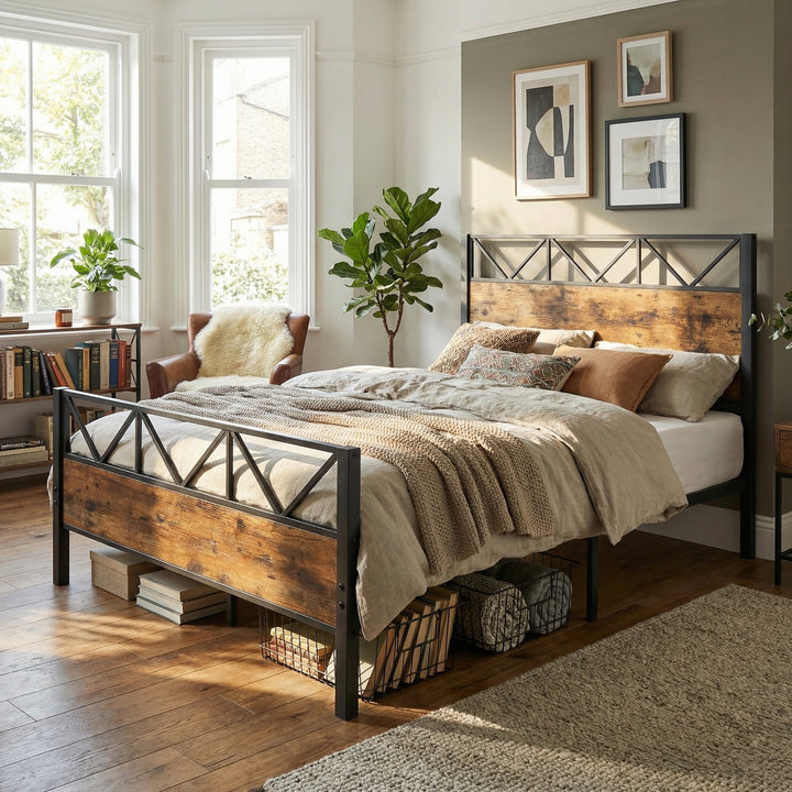 Industrial style double bed frame black wood with 2 storage drawers 135x190cm ELEMENTALIS