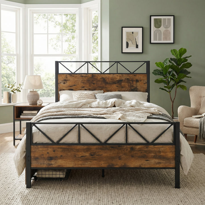 Industrial style double bed frame black wood with 2 storage drawers 135x190cm ELEMENTALIS