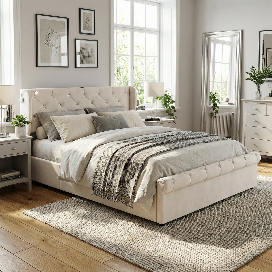 Velvet beige king size ottoman bed end opening with USB reading light 150x200cm PINNACLEION