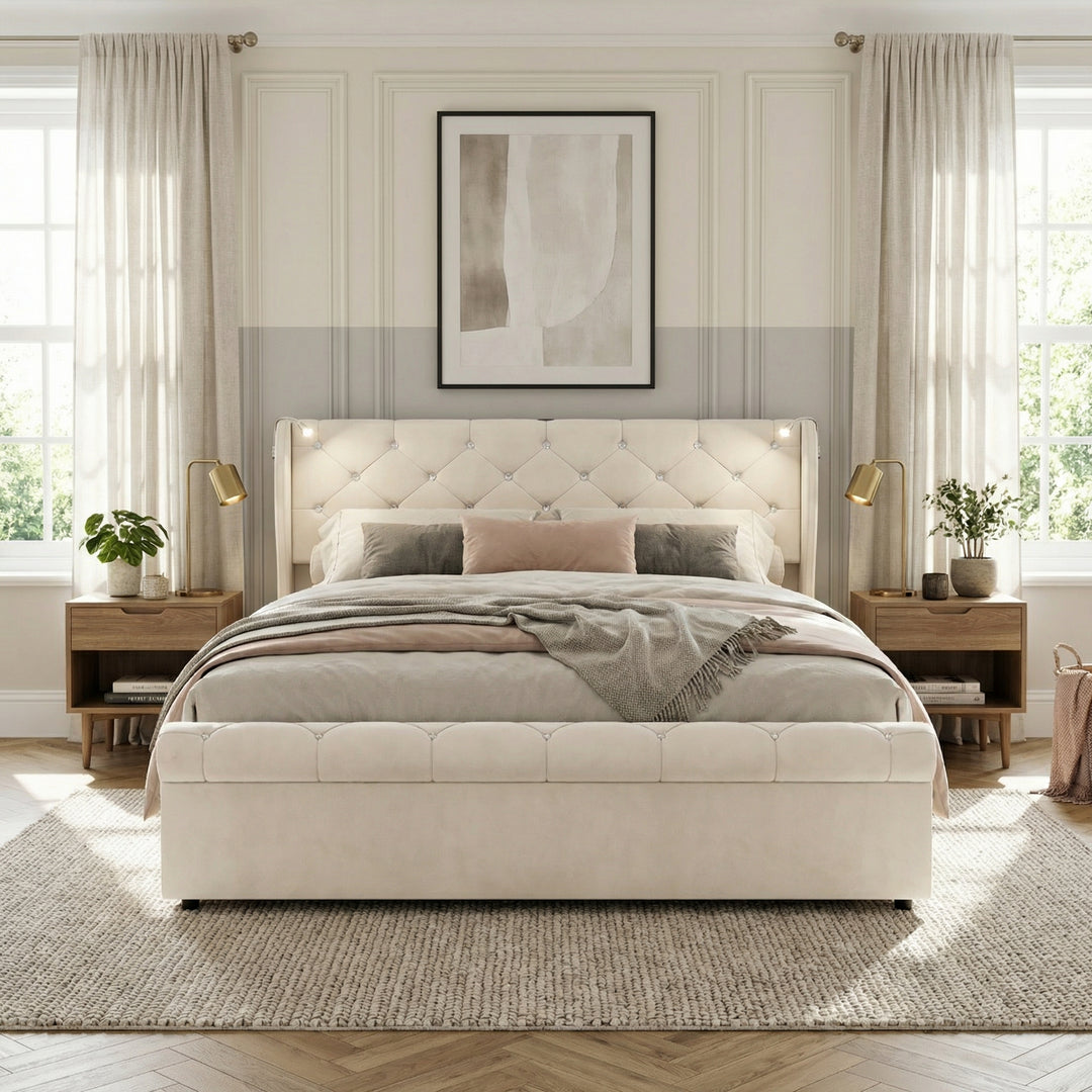 Velvet beige king size ottoman bed end opening with USB reading light 150x200cm PINNACLEION