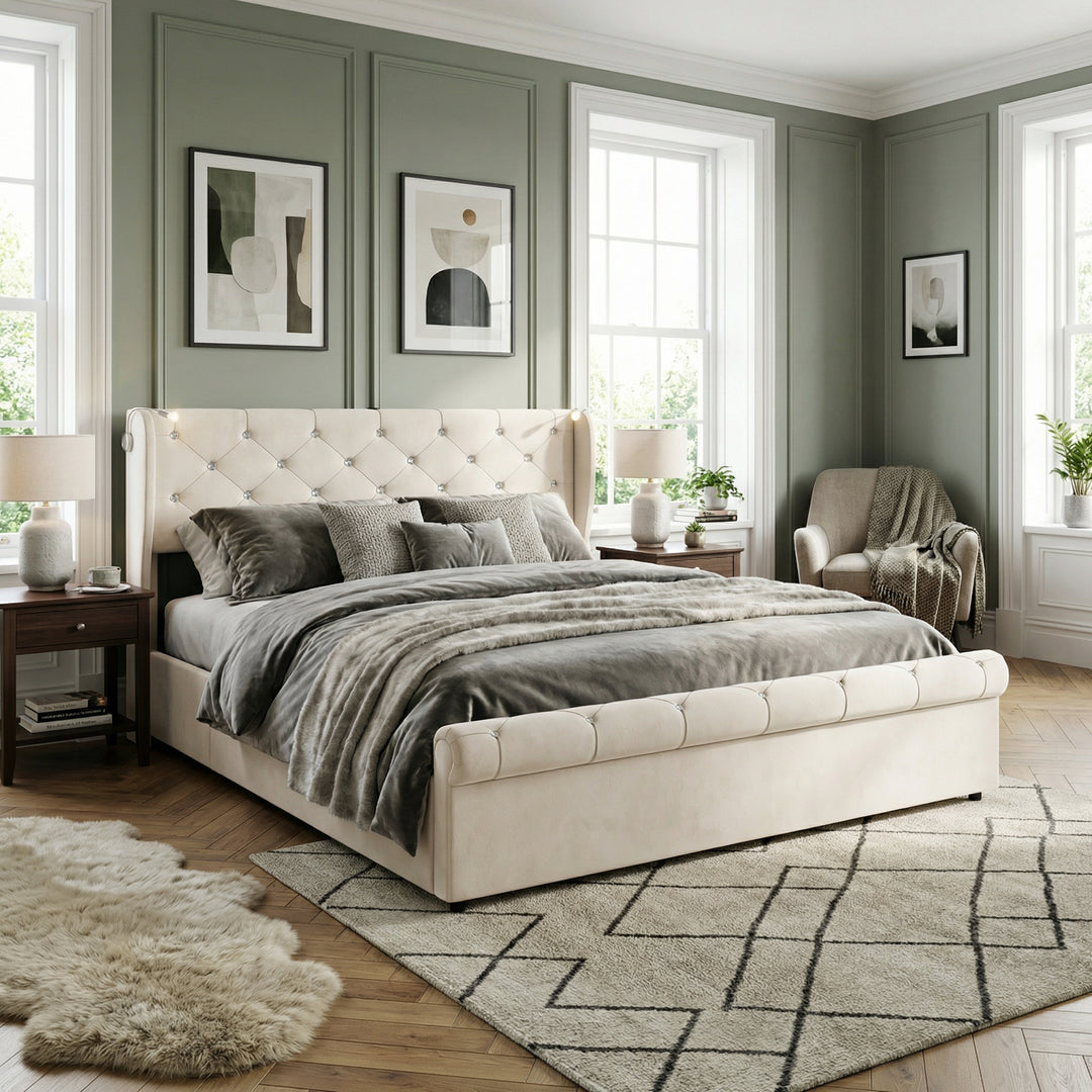 Velvet beige king size ottoman bed end opening with USB reading light 150x200cm PINNACLEION