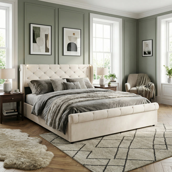 Velvet beige king size ottoman bed end opening with USB reading light 150x200cm PINNACLEION