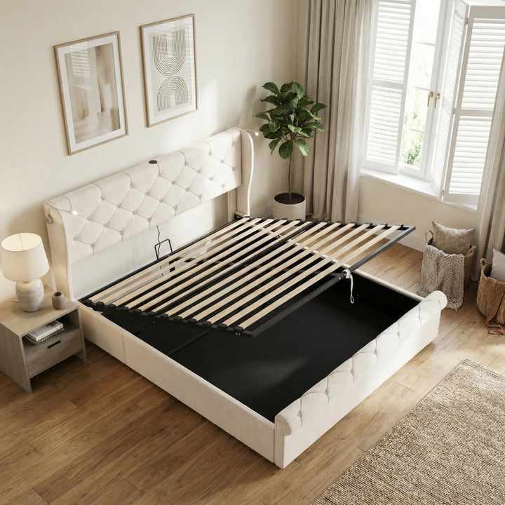 Velvet beige king size ottoman bed end opening with USB reading light 150x200cm PINNACLEION