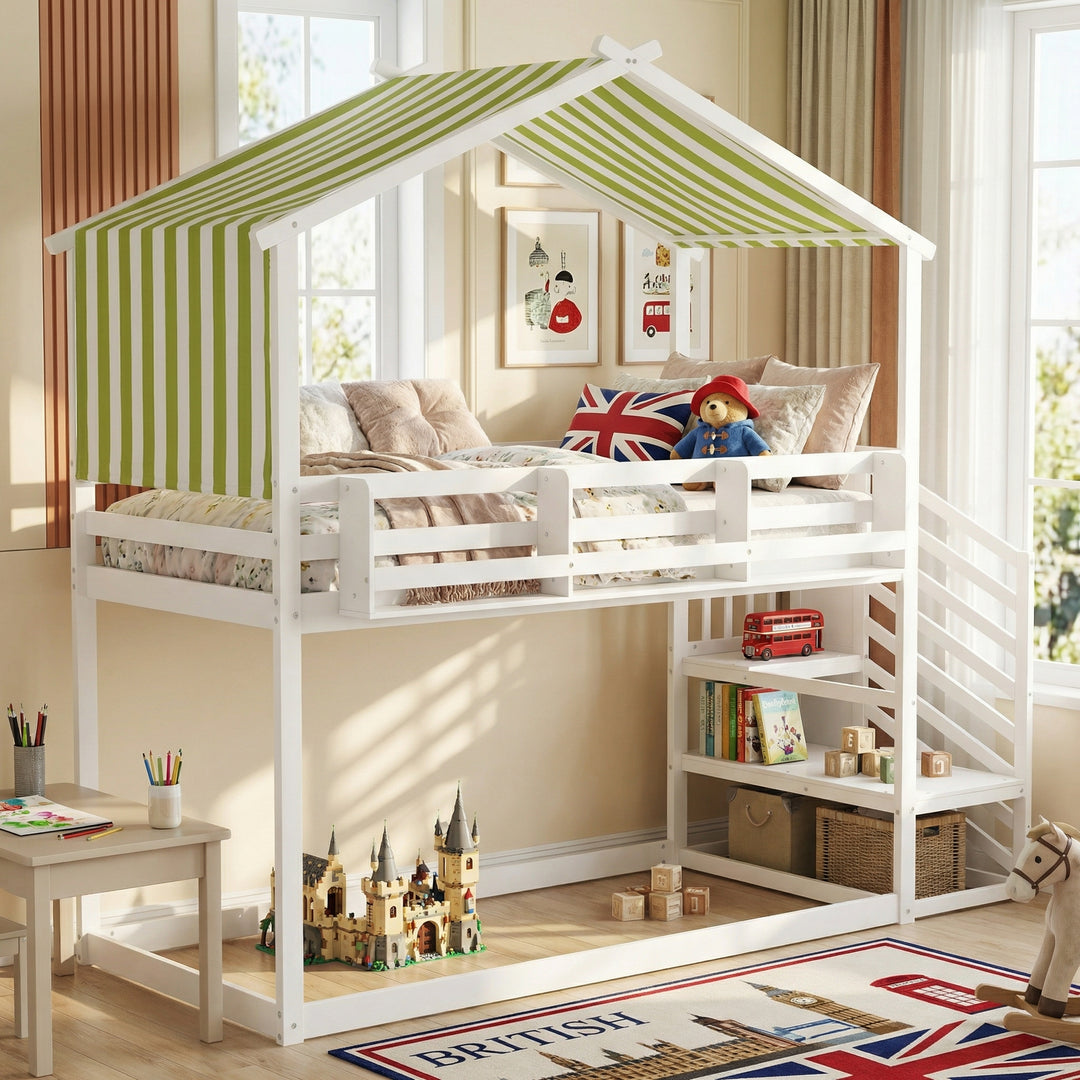 Kids Bunk Bed White green pinewood with staircase 90x190cm ASCENDOLOGY