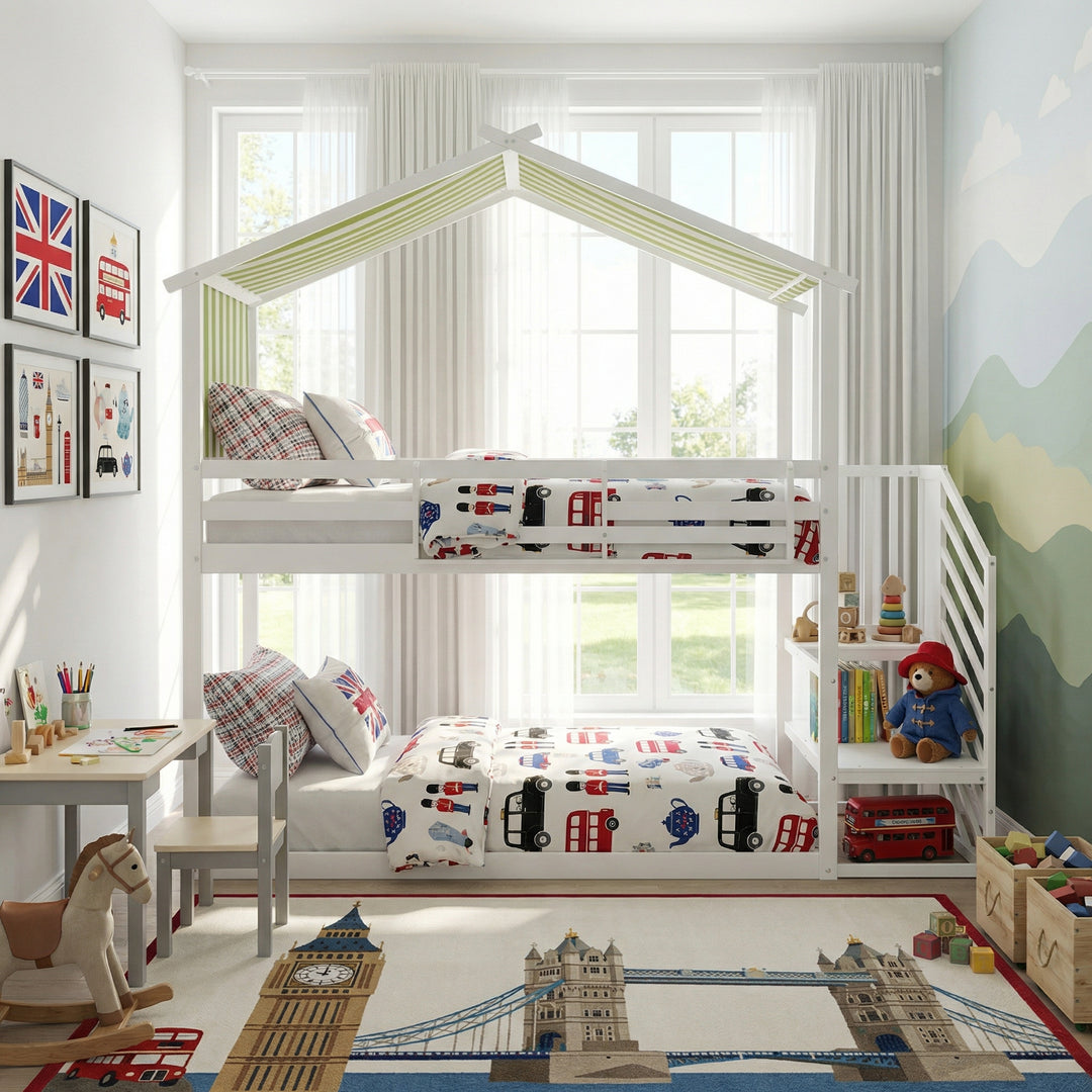 Kids Bunk Bed White green pinewood with staircase 90x190cm ASCENDOLOGY