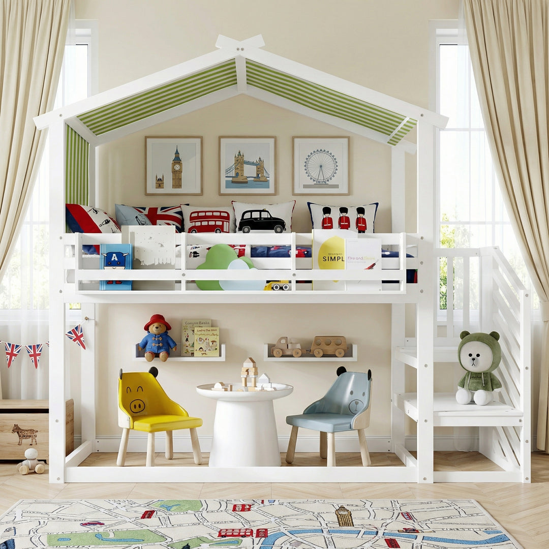 Kids Bunk Bed White green pinewood with staircase 90x190cm ASCENDOLOGY