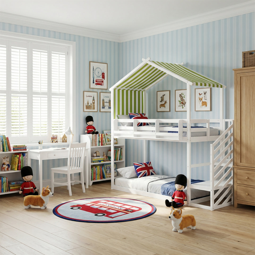 Kids Bunk Bed White green pinewood with staircase 90x190cm ASCENDOLOGY