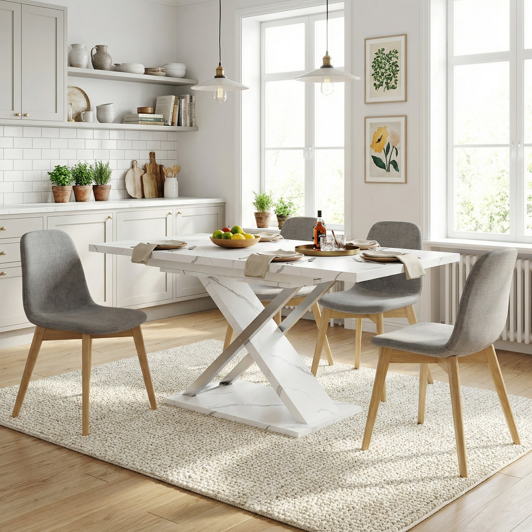 White marble-look extendable dining table cross legs design 118–157cm ASCENDIS