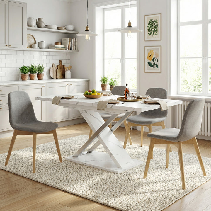 White marble-look extendable dining table cross legs design 118–157cm ASCENDIS