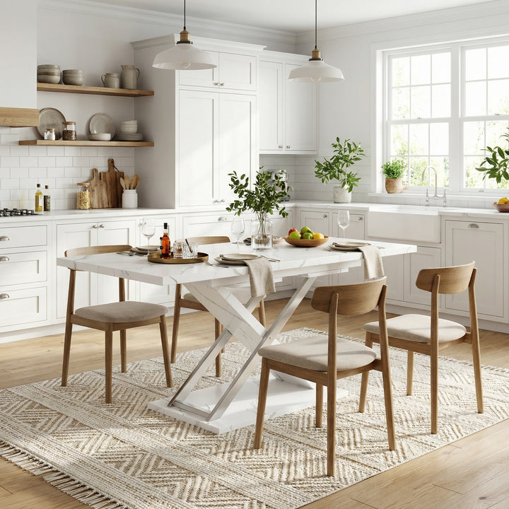 White marble-look extendable dining table cross legs design 118–157cm ASCENDIS