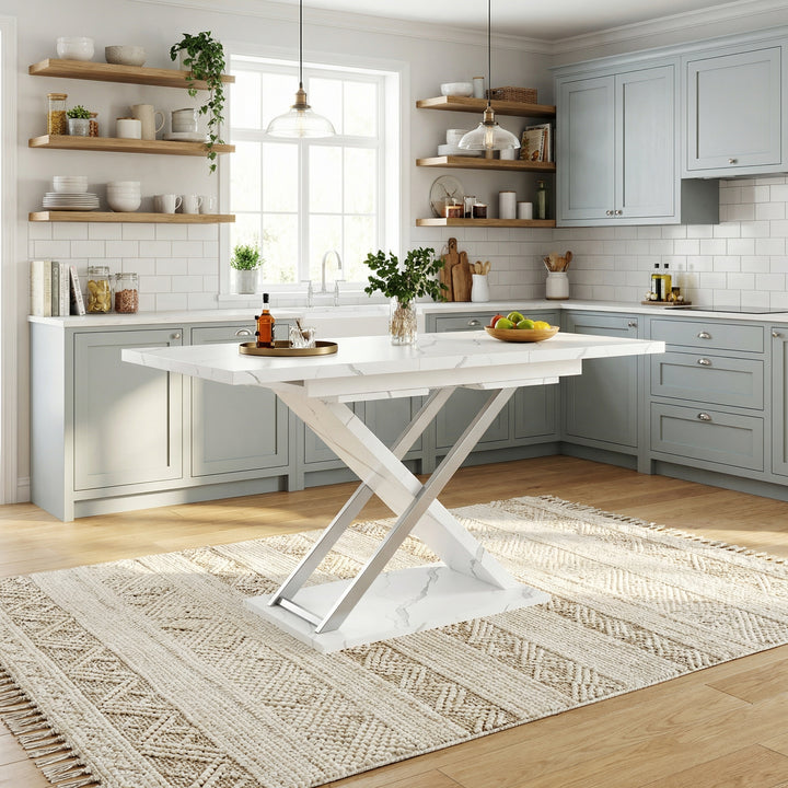 White marble-look extendable dining table cross legs design 118–157cm ASCENDIS