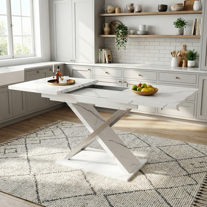 White marble-look extendable dining table cross legs design 118–157cm ASCENDIS