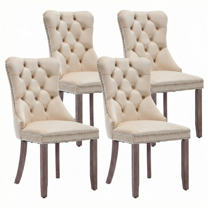 Set of 4 dining chairs velvet beige tufted with solid wood legs, nailheads and back chrome ring ELYSIUMAL