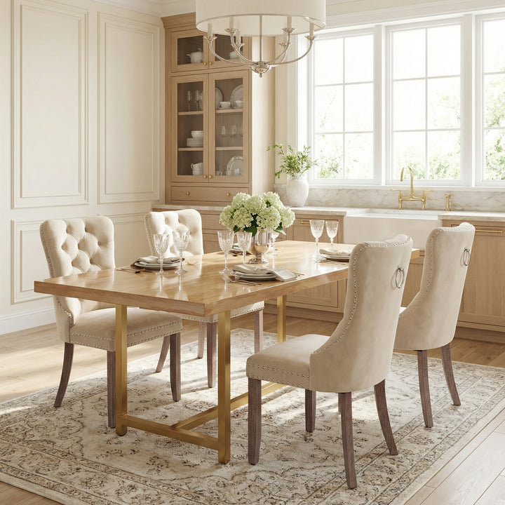 Set of 4 dining chairs velvet beige tufted with solid wood legs, nailheads and back chrome ring ELYSIUMAL