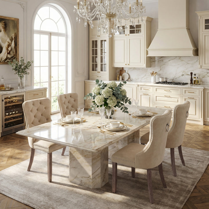 Set of 4 dining chairs velvet beige tufted with solid wood legs, nailheads and back chrome ring ELYSIUMAL