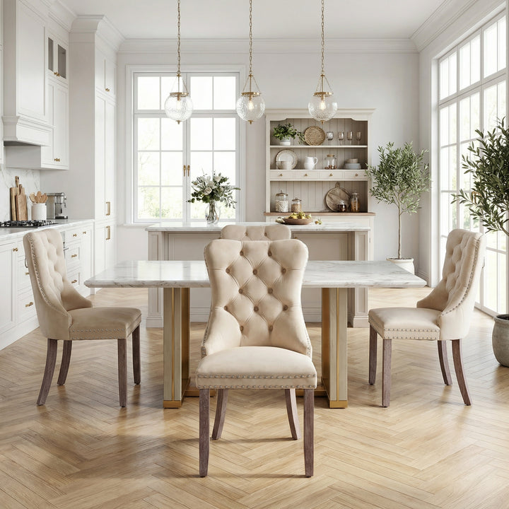 Set of 4 dining chairs velvet beige tufted with solid wood legs, nailheads and back chrome ring ELYSIUMAL