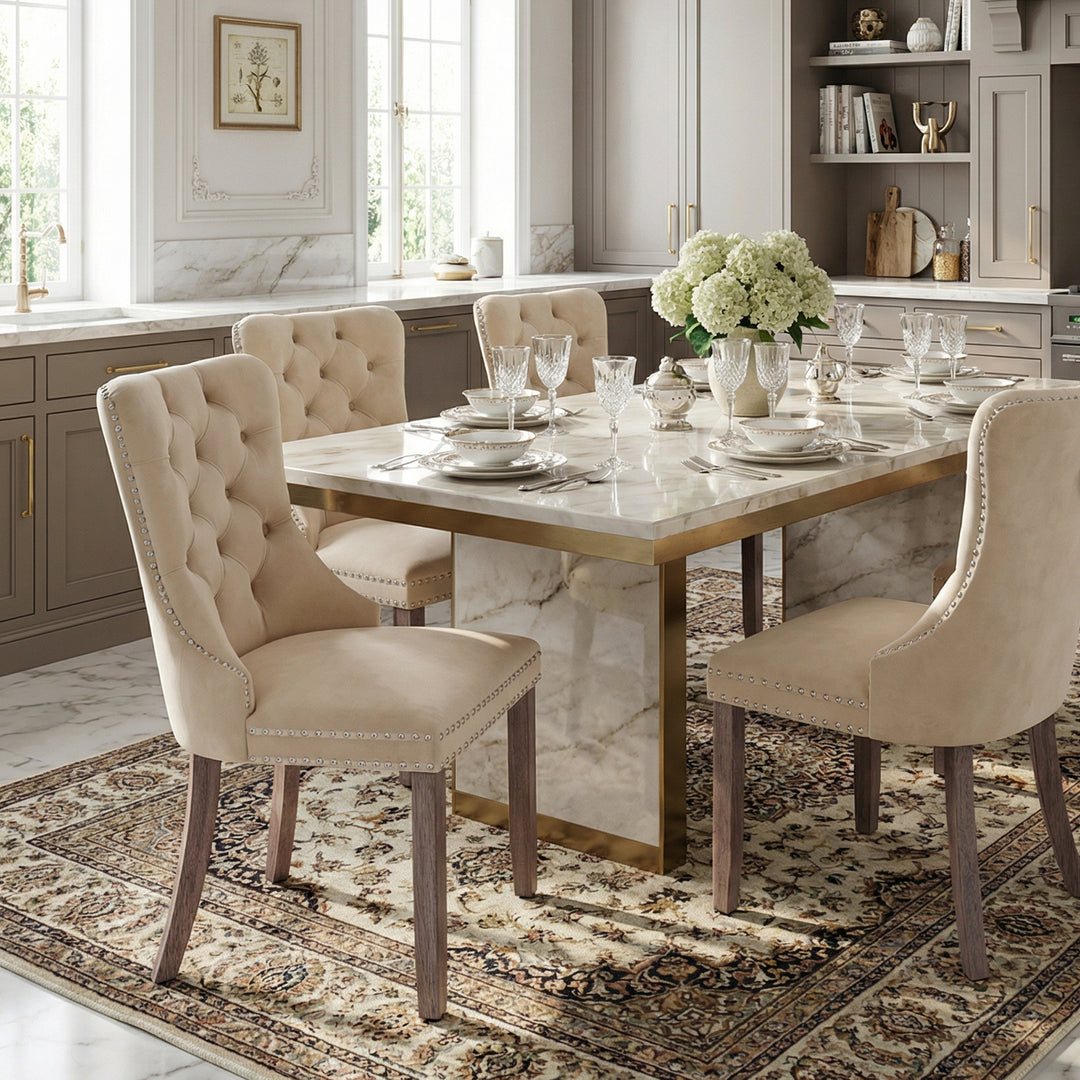 Set of 4 dining chairs velvet beige tufted with solid wood legs, nailheads and back chrome ring ELYSIUMAL