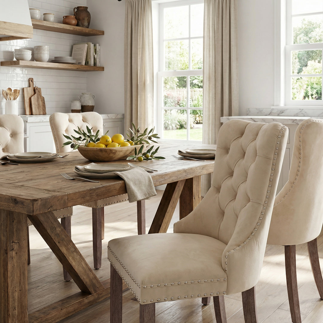Set of 4 dining chairs velvet beige tufted with solid wood legs, nailheads and back chrome ring ELYSIUMAL