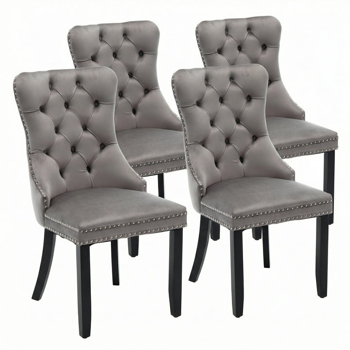 Set of 4 dining chairs velvet grey tufted with solid wood legs, nailheads and back chrome ring NOBLEE