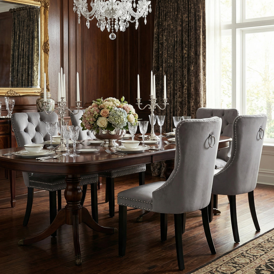 Set of 4 dining chairs velvet grey tufted with solid wood legs, nailheads and back chrome ring NOBLEE