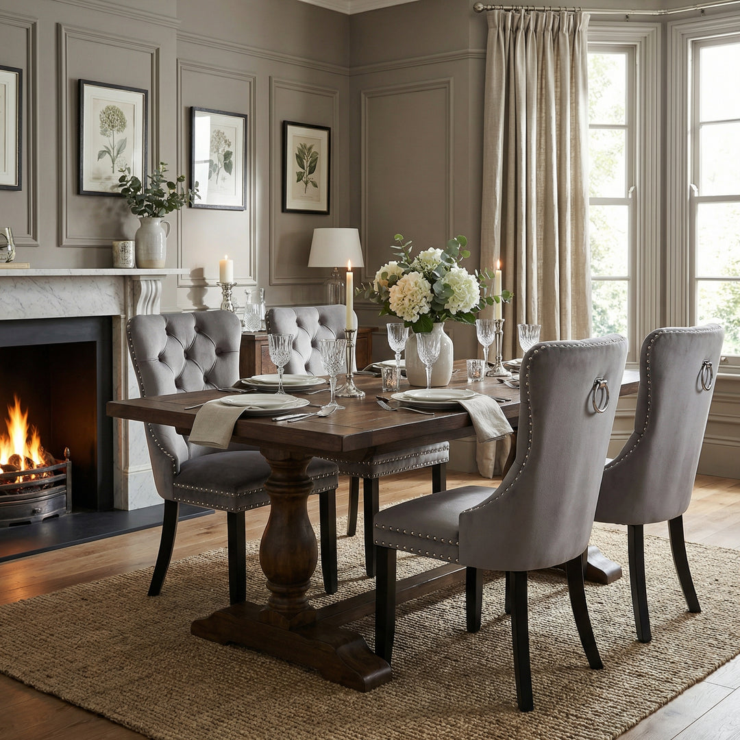 Set of 4 dining chairs velvet grey tufted with solid wood legs, nailheads and back chrome ring NOBLEE