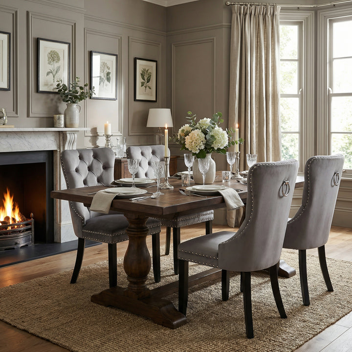 Set of 4 dining chairs velvet grey tufted with solid wood legs, nailheads and back chrome ring NOBLEE