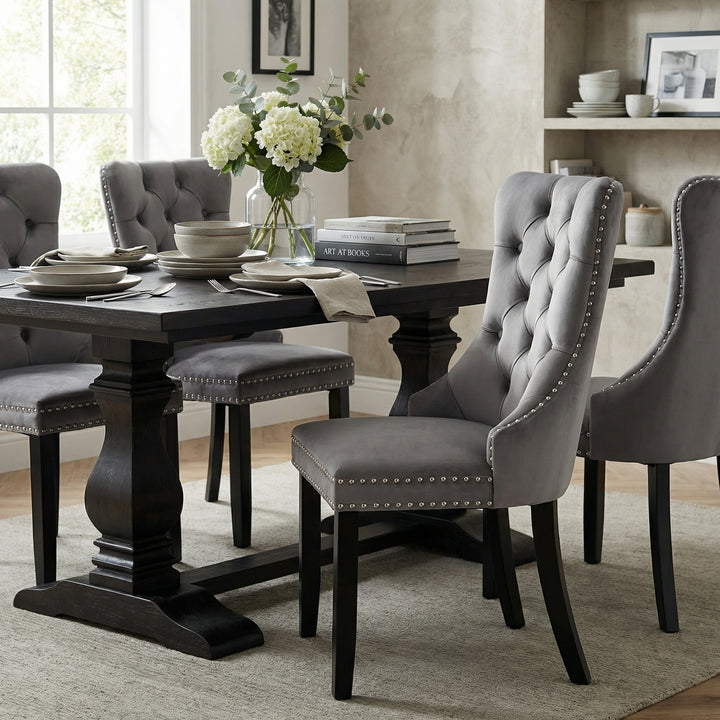 Set of 4 dining chairs velvet grey tufted with solid wood legs, nailheads and back chrome ring NOBLEE