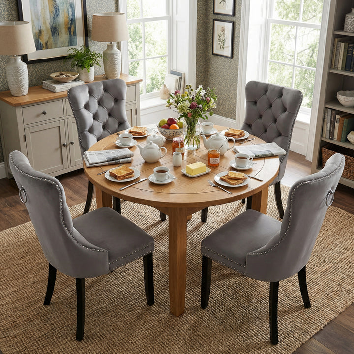 Set of 4 dining chairs velvet grey tufted with solid wood legs, nailheads and back chrome ring NOBLEE