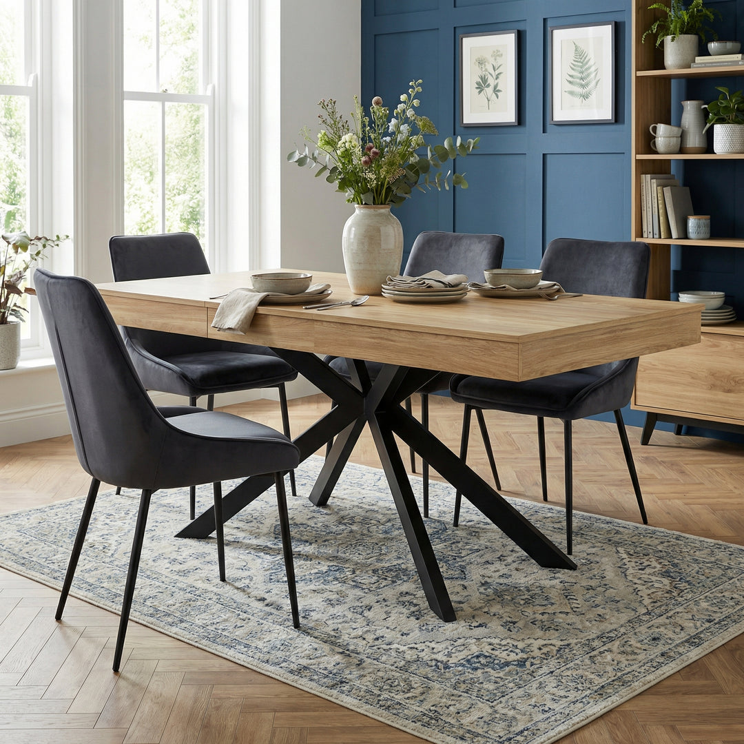 Extendable dining table 140–180cm MDF oak rectangular metal black legs ELEMENTALISE
