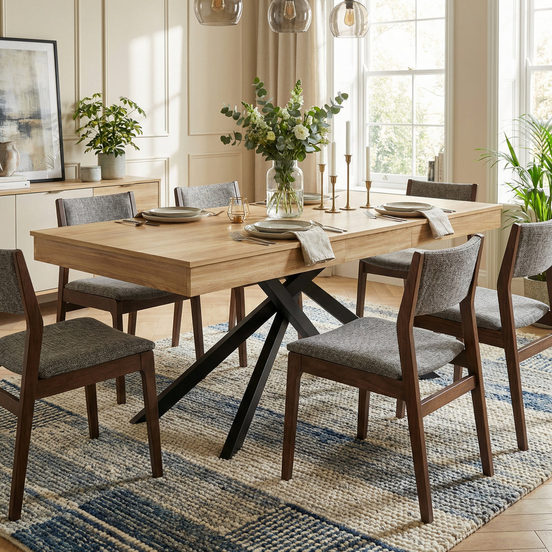 Extendable dining table 140–180cm MDF oak rectangular metal black legs ELEMENTALISE