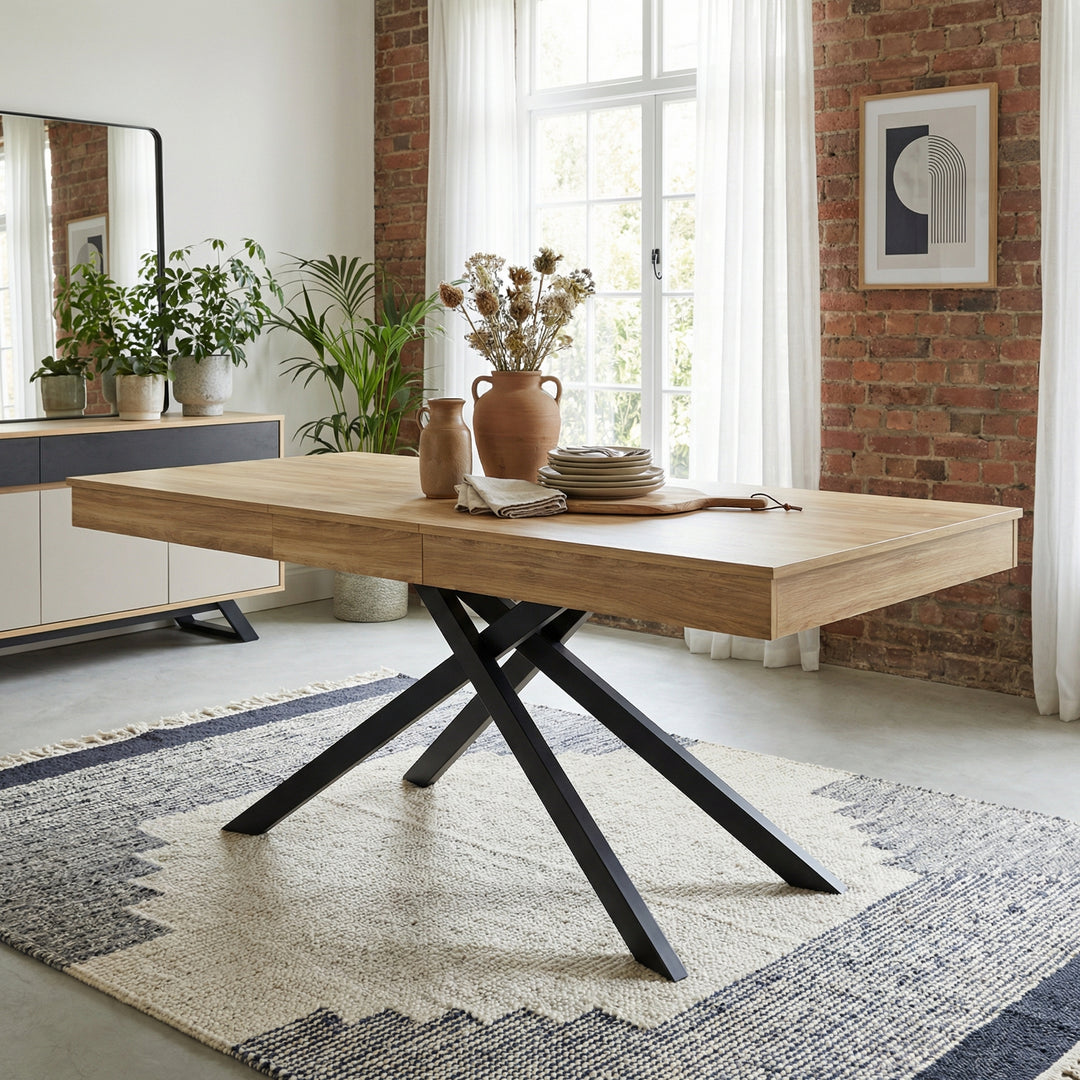 Extendable dining table 140–180cm MDF oak rectangular metal black legs ELEMENTALISE