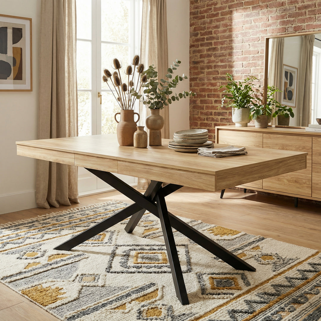 Extendable dining table 140–180cm MDF oak rectangular metal black legs ELEMENTALISE