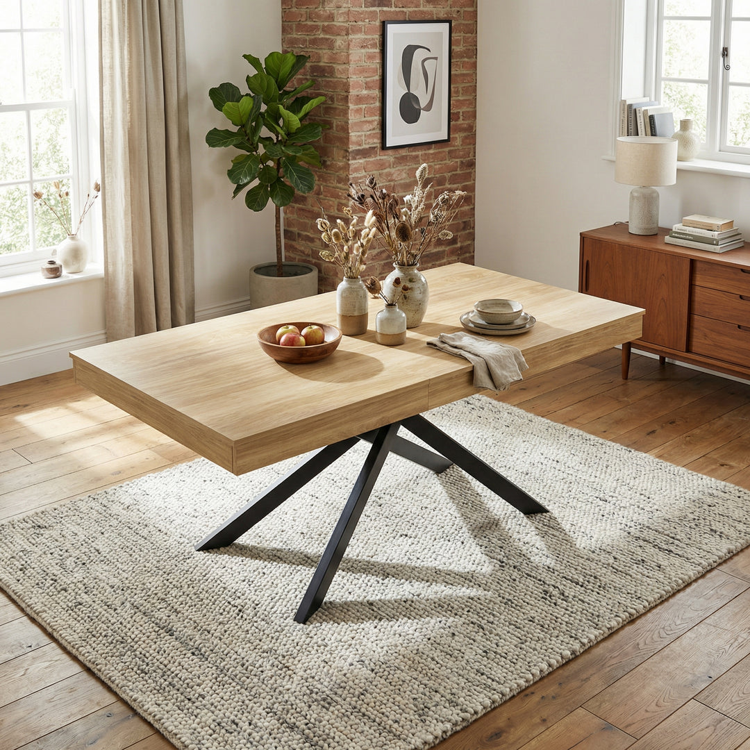 Extendable dining table 140–180cm MDF oak rectangular metal black legs ELEMENTALISE