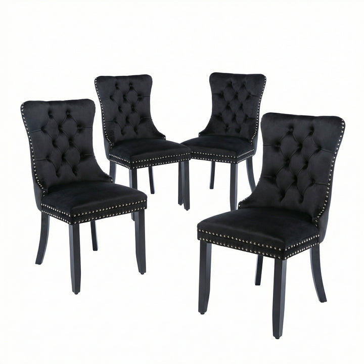 Set of 4 dining chairs velvet black tufted with solid wood legs, nailheads and back chrome ring BREEZEOLOGY