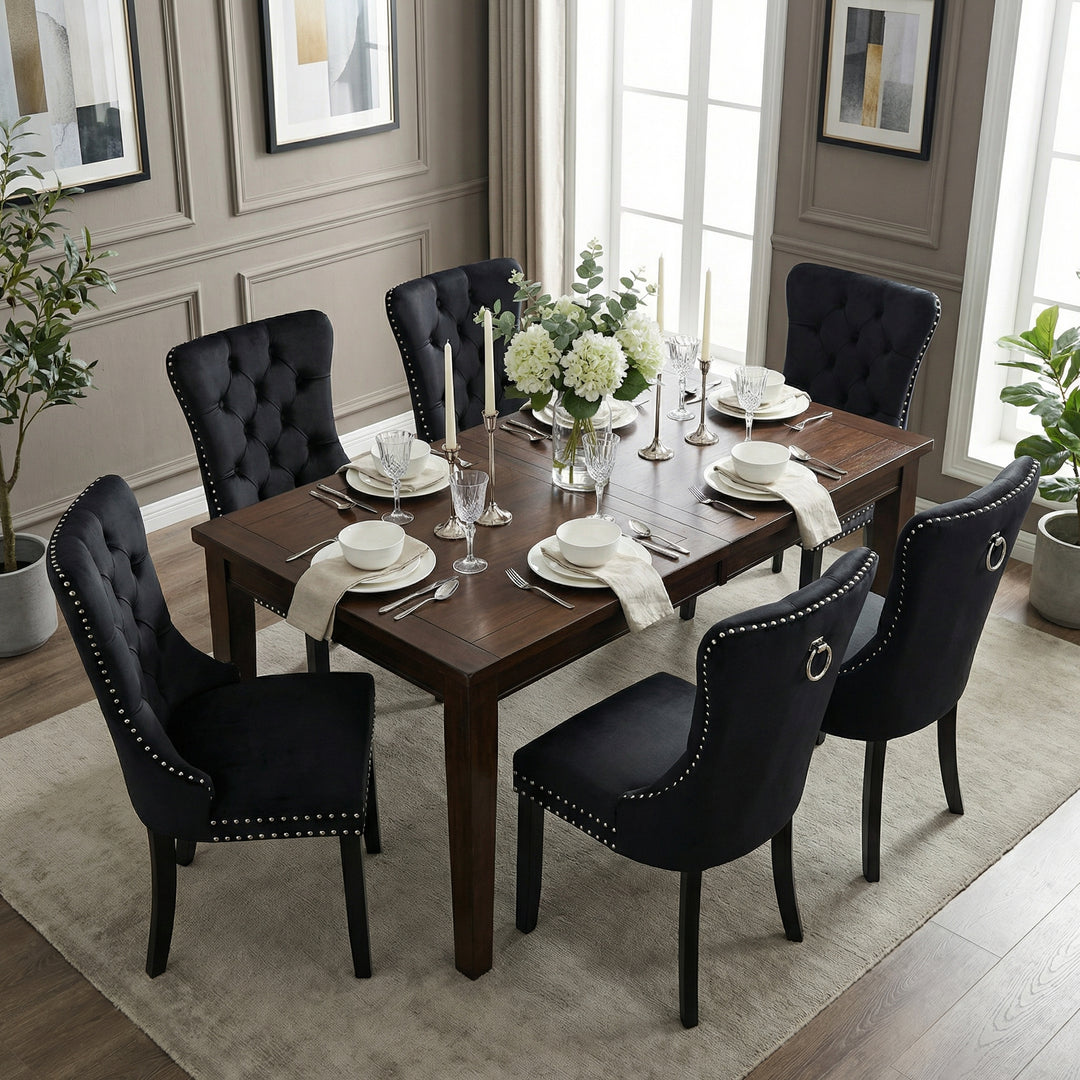 Set of 4 dining chairs velvet black tufted with solid wood legs, nailheads and back chrome ring BREEZEOLOGY